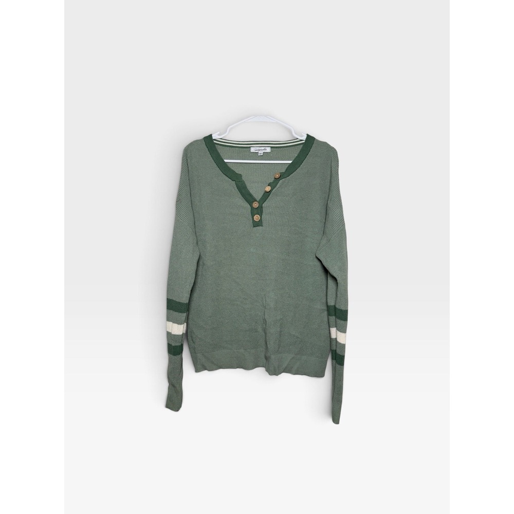 Magnolia Boutique Sage Green Henley Sweater Striped Sleeve Waffle Knit Medium